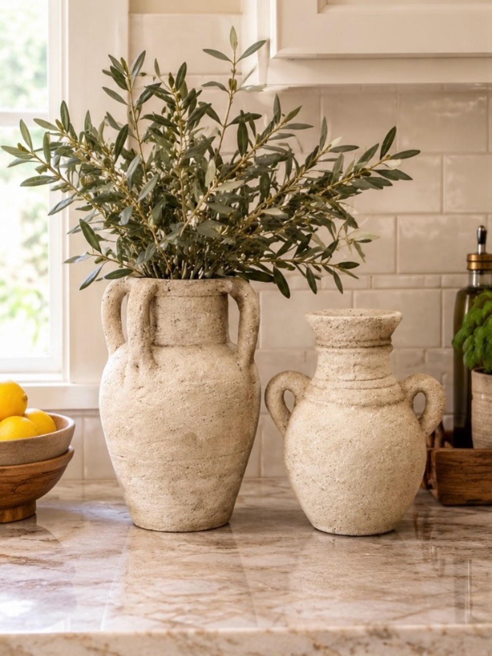 2 Weathered Terracotta Finish Neutral Stoneware Handled Decorative Vases Beige